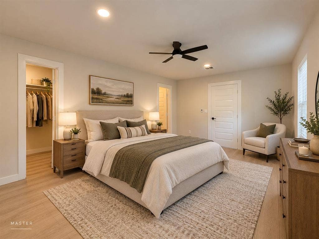 Neutral-toned interior featuring wood-finish flooring, recessed lighting, a matte black ceiling fan, and a walk-in closet with built-in shelving