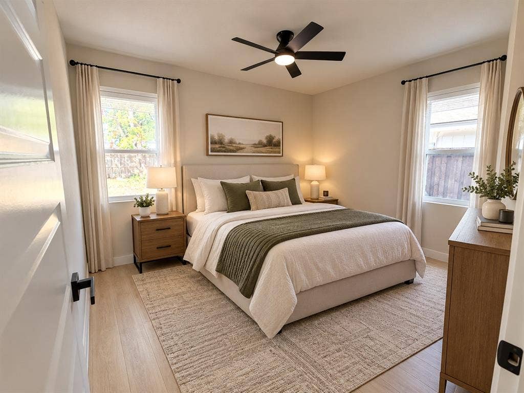 Neutral interior space featuring wood-finish flooring, dual windows with black hardware, and a ceiling-mounted light fixture with fan blades