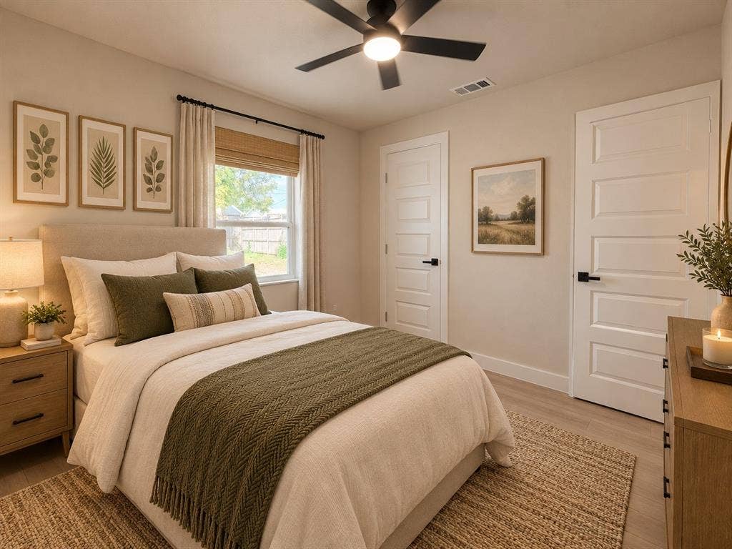 Neutral-toned interior featuring wood-finish flooring, a matte black ceiling fan with integrated lighting, and two five-panel interior doors with matte black hardware