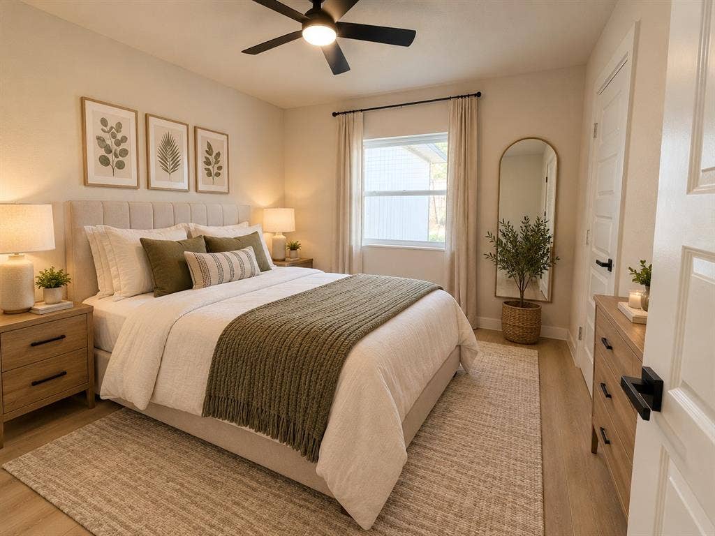 Neutral-toned interior space featuring light wood-finish flooring, a contemporary ceiling fan, a single-hung window with a curtain rod, and a multi-panel door with matte black hardware