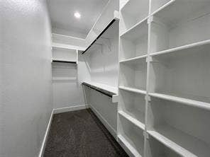 Walk-in storage space featuring floor-to-ceiling built-in white shelving, integrated hanging rods, and dark carpeting
