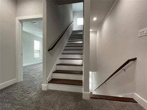 Staircase featuring dark wood-finish treads, white risers, and dark wood handrails with metal hardware