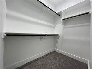 Walk-in closet featuring tiered shelving, built-in hanging rods, and carpeting