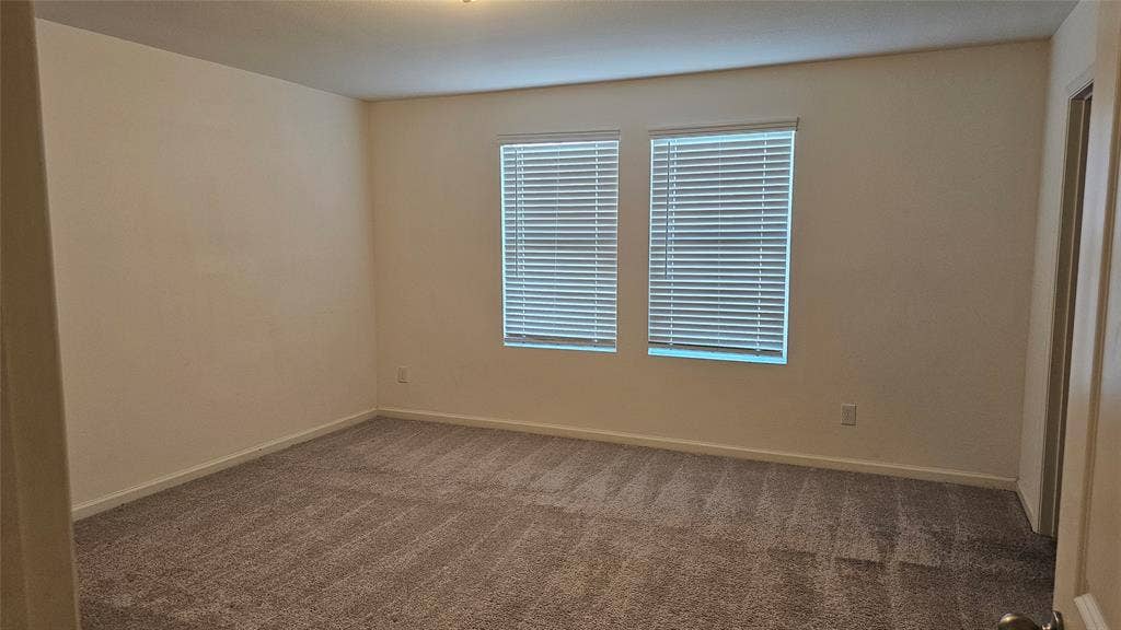 Neutral-toned carpeted flooring, dual windows with integrated horizontal blinds, and smooth-finish walls