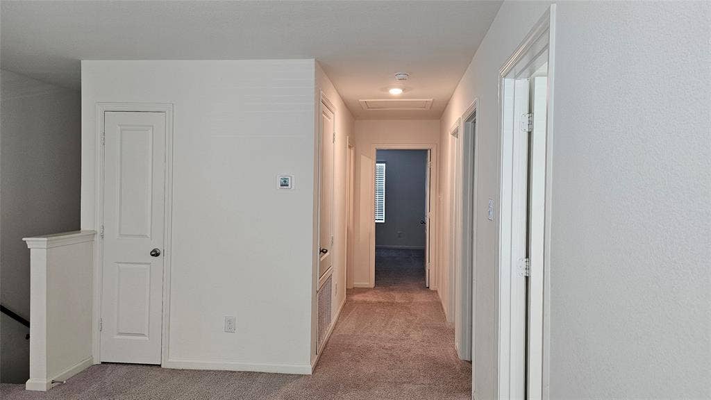 Hallway featuring neutral-toned carpeting, panel doors, and a built-in closet