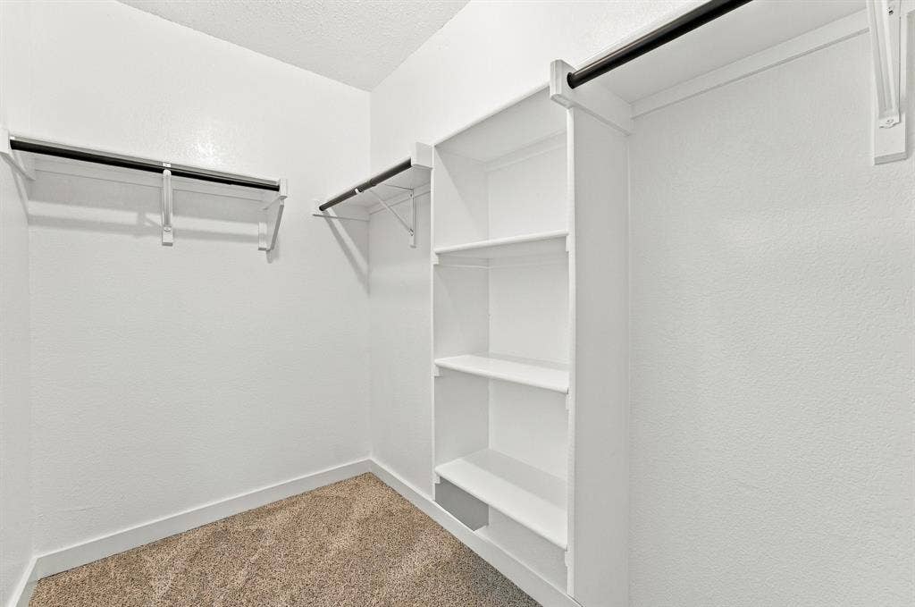Walk-in closet featuring white built-in shelving and dual-tier clothing rods with high-contrast hardware and wall-to-wall carpeting