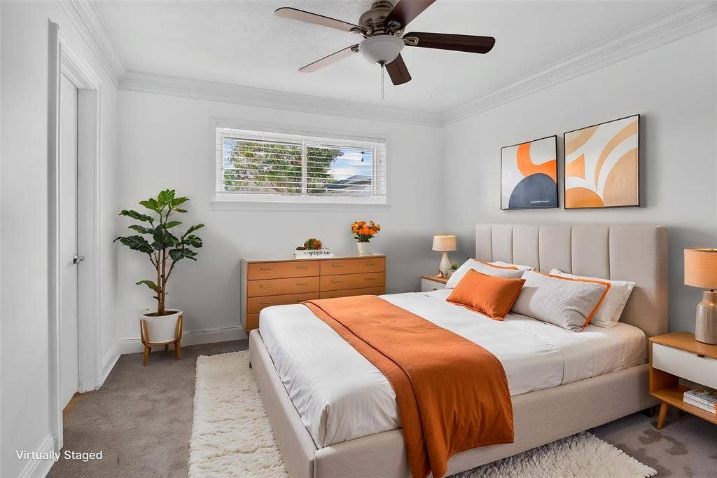 3230 Camelot Drive, Dallas, TX 75229 One of 3 bedrooms, Carpeted, ceiling fan-light combination. Full size closet. Window with blinds. Door access to Jack N Jill bath. August 2026 walls freshly painted Room would make for a nice home office