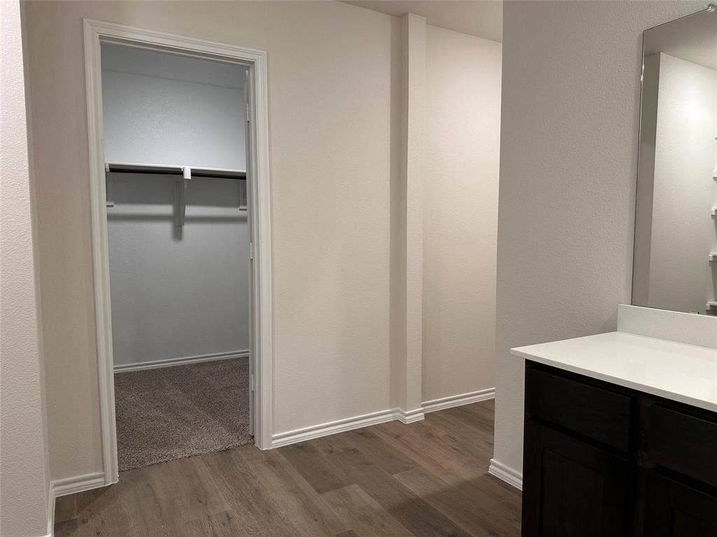 219 Greenshade, Caddo Mills, TX 75135 Bathroom featuring vanity, dark wood finished floors, and a spacious closet