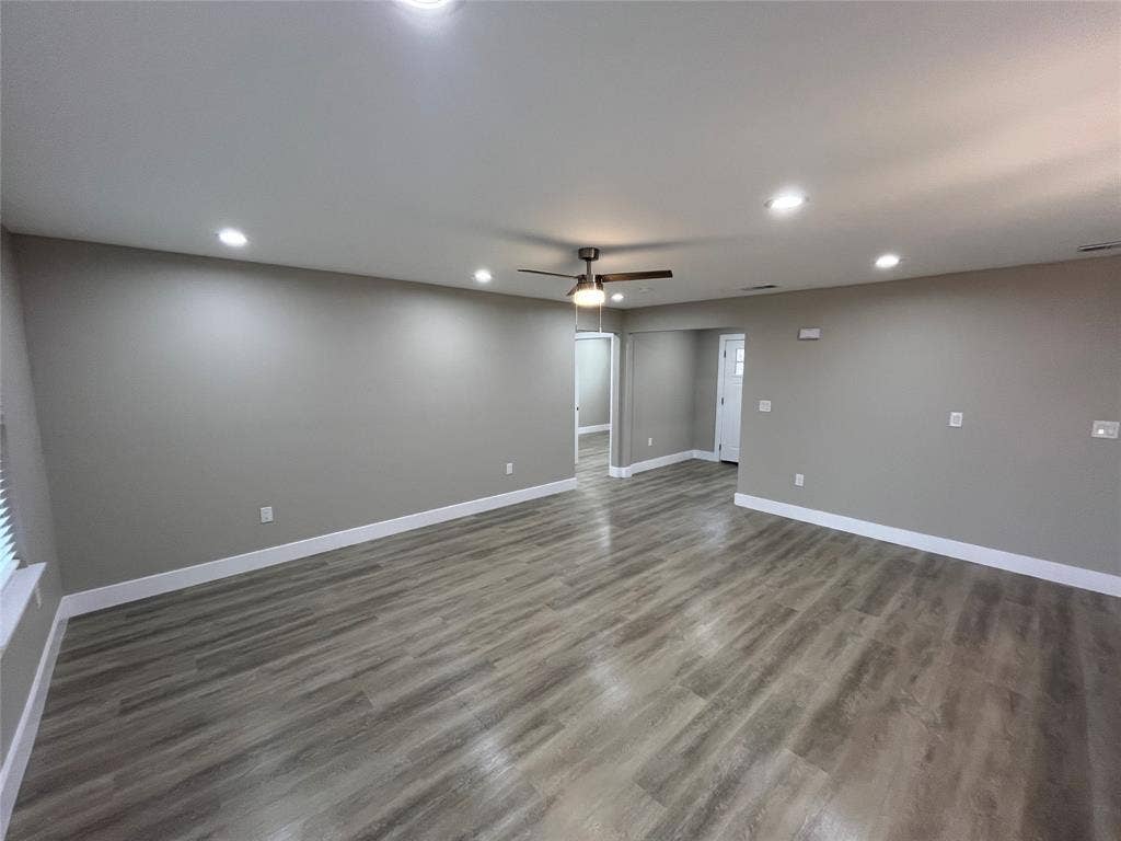 1104 Wake Drive, Richardson, TX 75081 Interior space featuring wood-finish flooring, recessed lighting, and a central ceiling fan