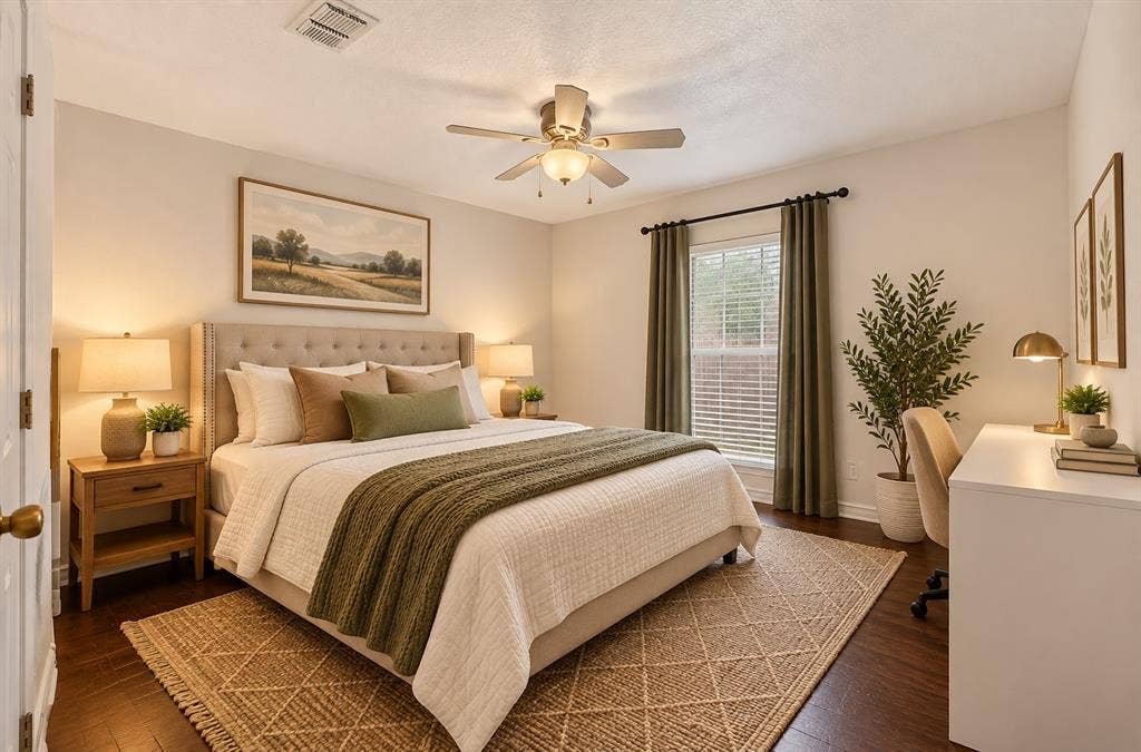 Neutral-toned interior space featuring wood-finish flooring, a ceiling fan with integrated light fixture, and a window with horizontal blinds