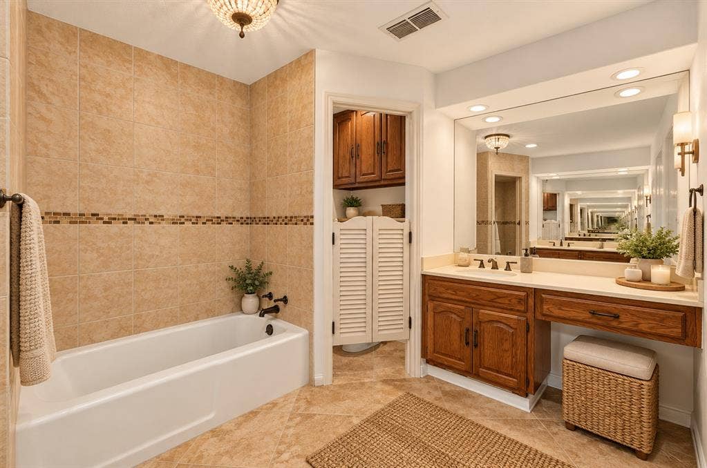 Bathroom featuring a large vanity with wood cabinetry and a solid-surface countertop, a soaking tub with decorative tile surround, recessed lighting, and a framed wall mirror