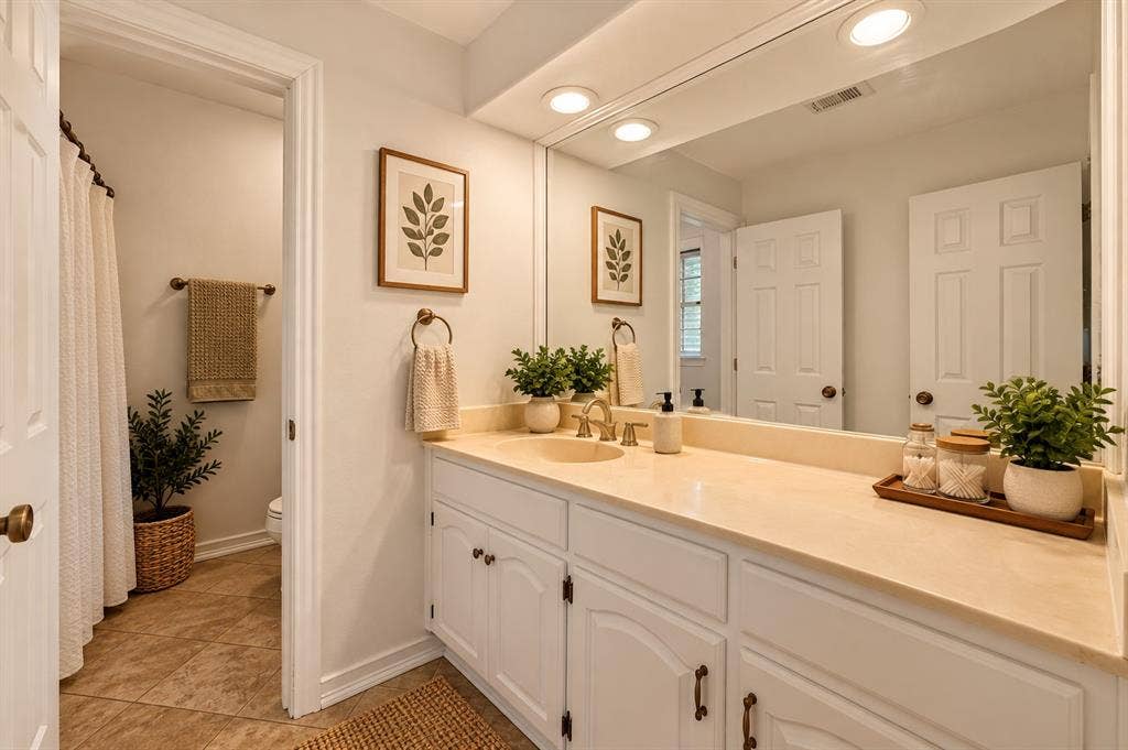 Bathroom featuring white cabinetry, solid-surface vanity countertop, inset sink with metallic faucet, full-width wall mirror with recessed lighting, and tile flooring