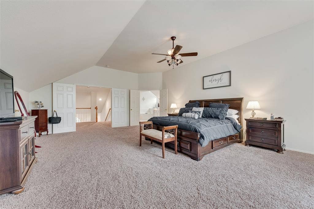 148 Oakbluff Drive, Murphy, TX 75094 Vaulted ceiling with an integrated multi-blade ceiling fan, wall-to-wall carpeting, and double-door entry