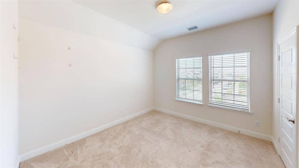 333 Elk Drive, Fate, TX 75189 Interior room featuring neutral wall tones, plush wall-to-wall carpeting, vaulted ceilings, dual pane windows with horizontal blinds, and a paneled interior door
