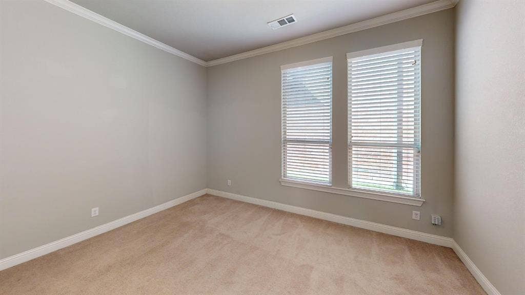 7005 Golf Club Drive, McKinney, TX 75070 Neutral-toned interior featuring wall-to-wall carpeting, crown molding, and dual windows equipped with horizontal blinds