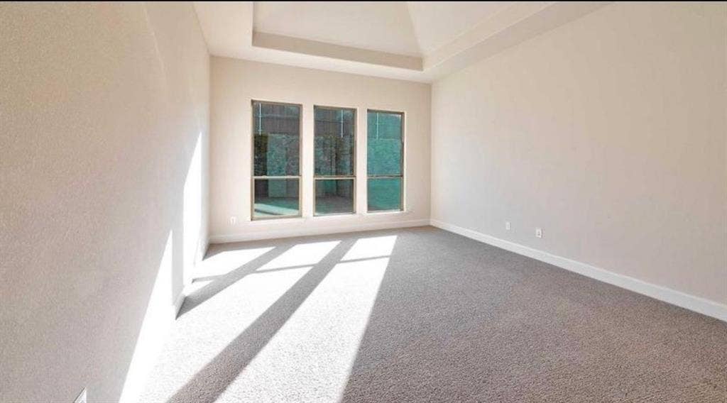 Room featuring neutral wall tones, plush wall-to-wall carpeting, a stepped ceiling, and three vertical windows