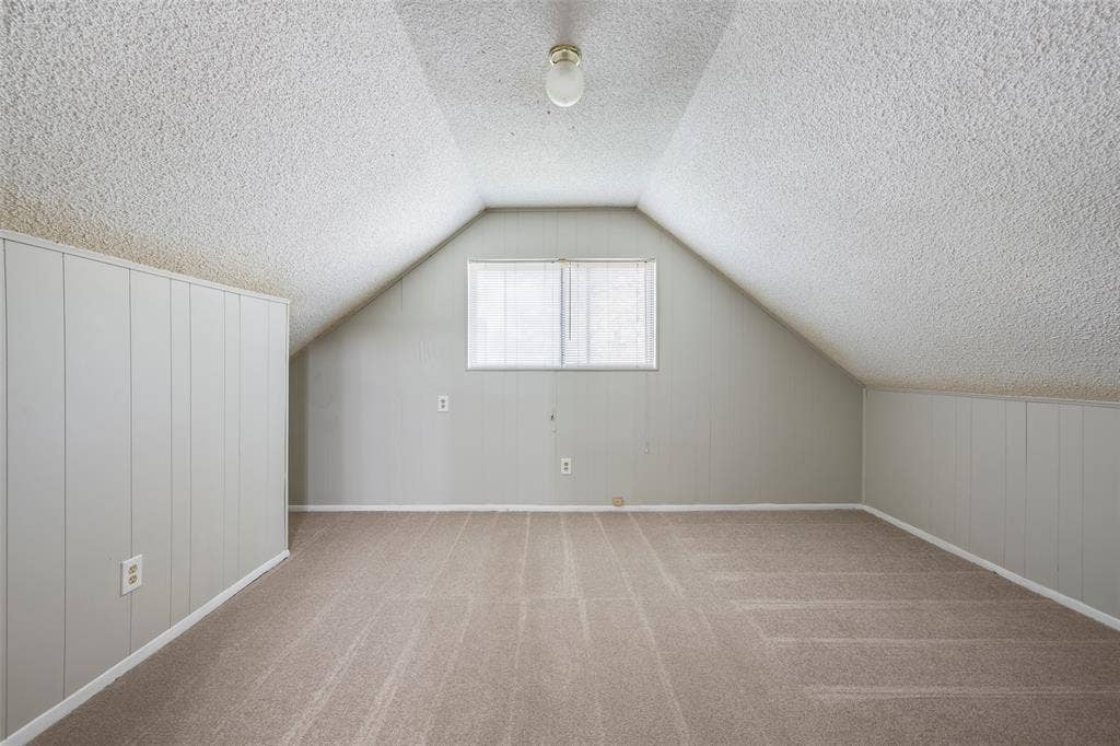 Sloped ceiling with textured finish, neutral carpeting, paneled wall detailing, and a central window providing natural light