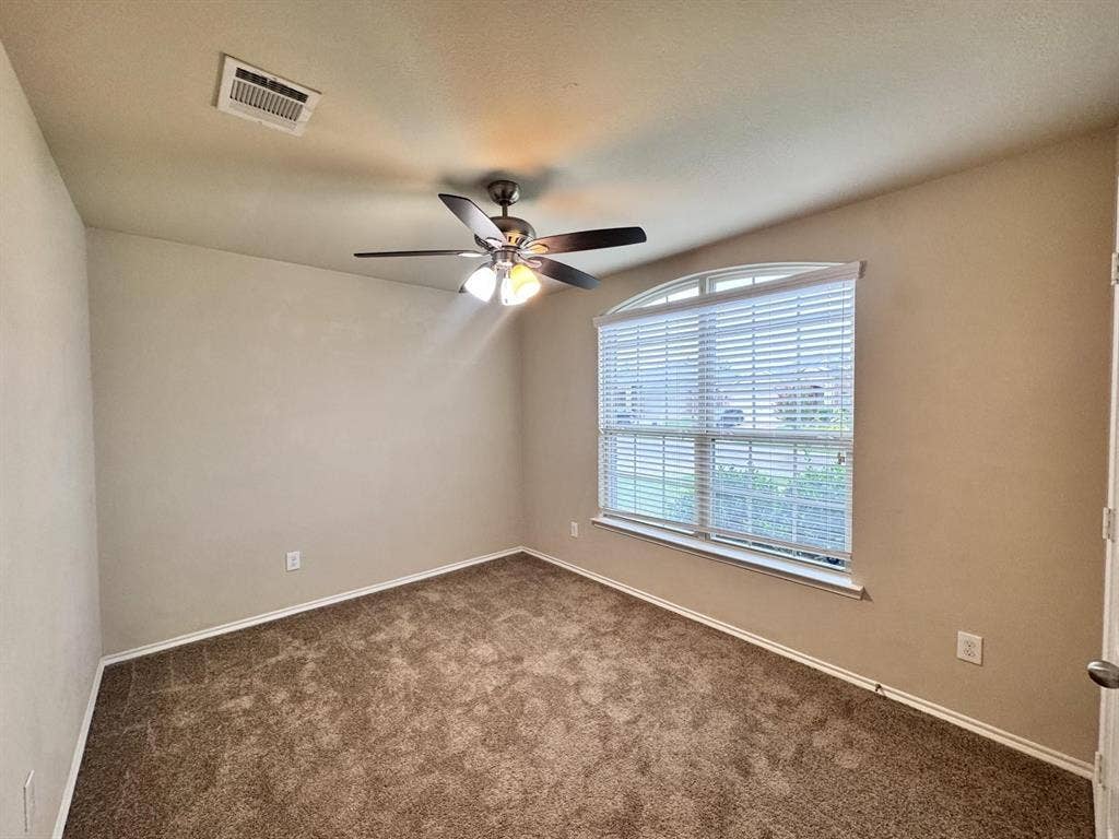 2105 Meadow Park Drive, Princeton, TX 75407 Neutral-toned room featuring plush carpeting, a multi-blade ceiling fan with integrated light fixture, and an arched window with horizontal blinds