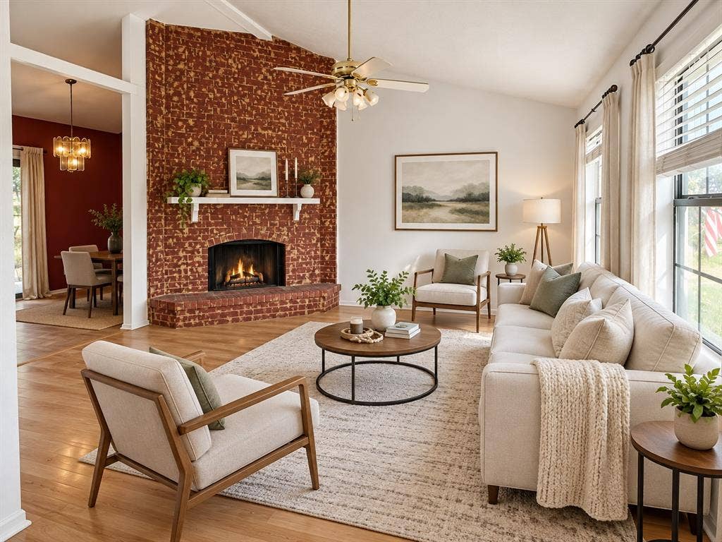 1303 Clearview Drive, Allen, TX 75002 Living area featuring a floor-to-ceiling red brick fireplace, wood-finish flooring, vaulted ceilings, and large windows