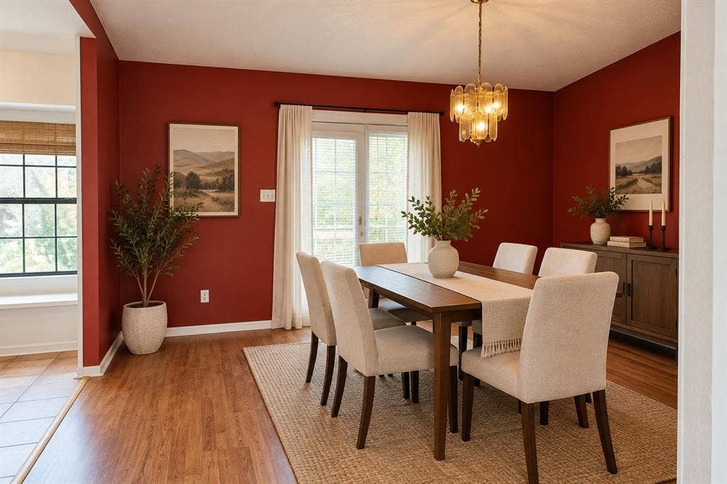 1303 Clearview Drive, Allen, TX 75002 Dining room featuring wood-finish flooring, glass-paned French doors, multi-tier brass chandelier, and a built-in window seat