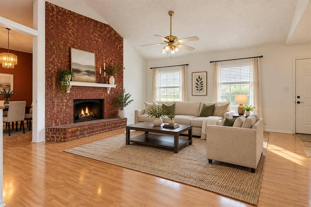 1303 Clearview Drive, Allen, TX 75002 Living room featuring vaulted ceilings, wood-finish flooring, floor-to-ceiling brick fireplace, raised hearth, and brass-finish ceiling fan with integrated lighting