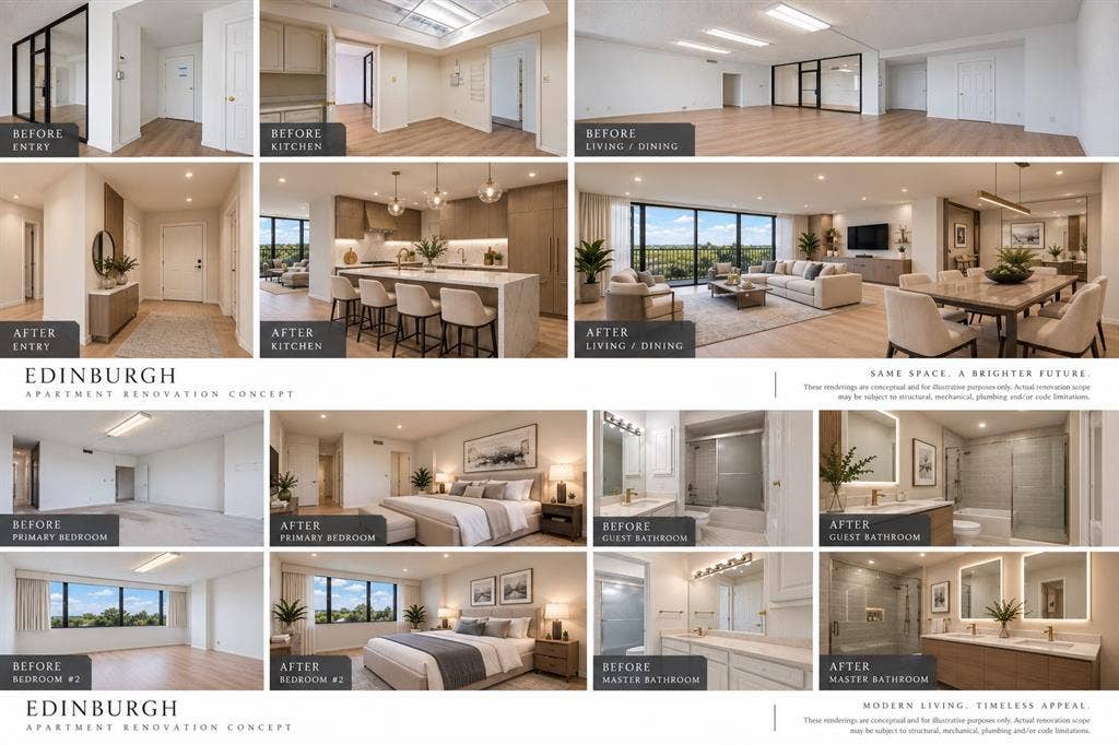 5200 Keller Springs Road, #522, Dallas, TX 75248 Renovation Concept Document. Illustrating visual comparisons of the property before and after proposed interior design updates
