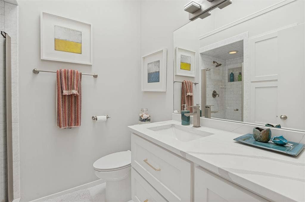 Pool bathroom updated in 2026 quartz counter and custom cabinet