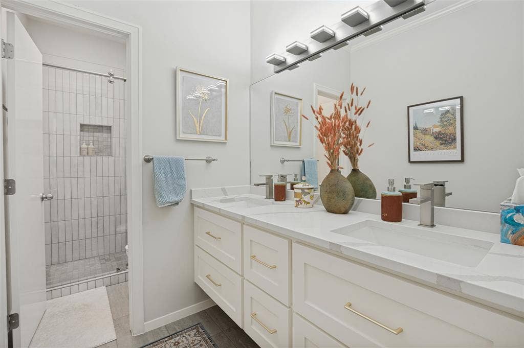 Hall bathroom with quartz counter custom vanity and shower, completely updated in 2026