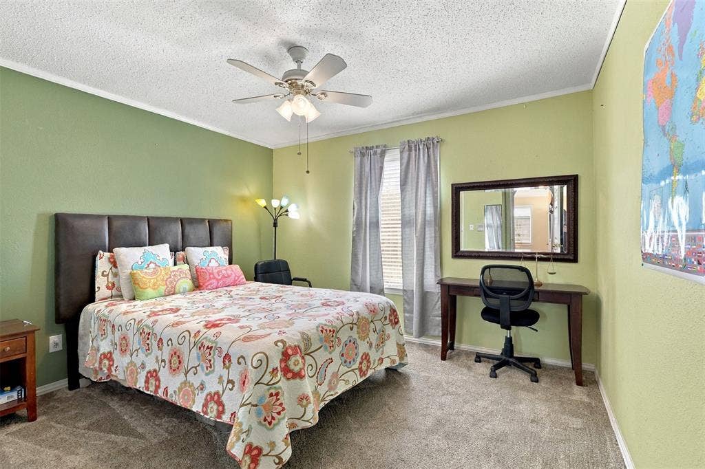 873 Hope Lane, Irving, TX 75061 Spacious room featuring neutral carpeting, a ceiling fan with integrated lighting, and dual windows dressed with fabric curtains