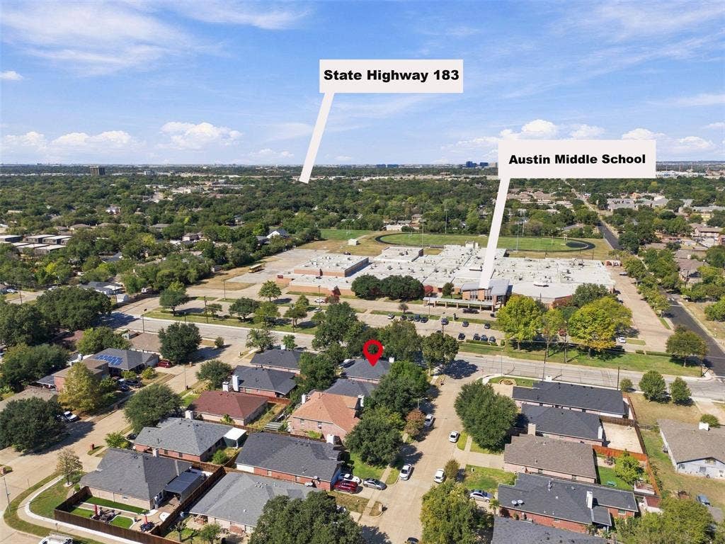 873 Hope Lane, Irving, TX 75061 Aerial perspective of residential neighborhood featuring mature trees and street-level infrastructure