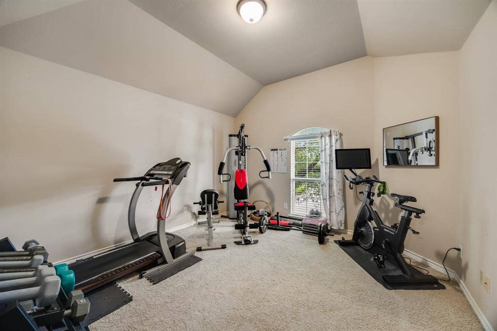 Workout area featuring carpet flooring and vaulted ceiling