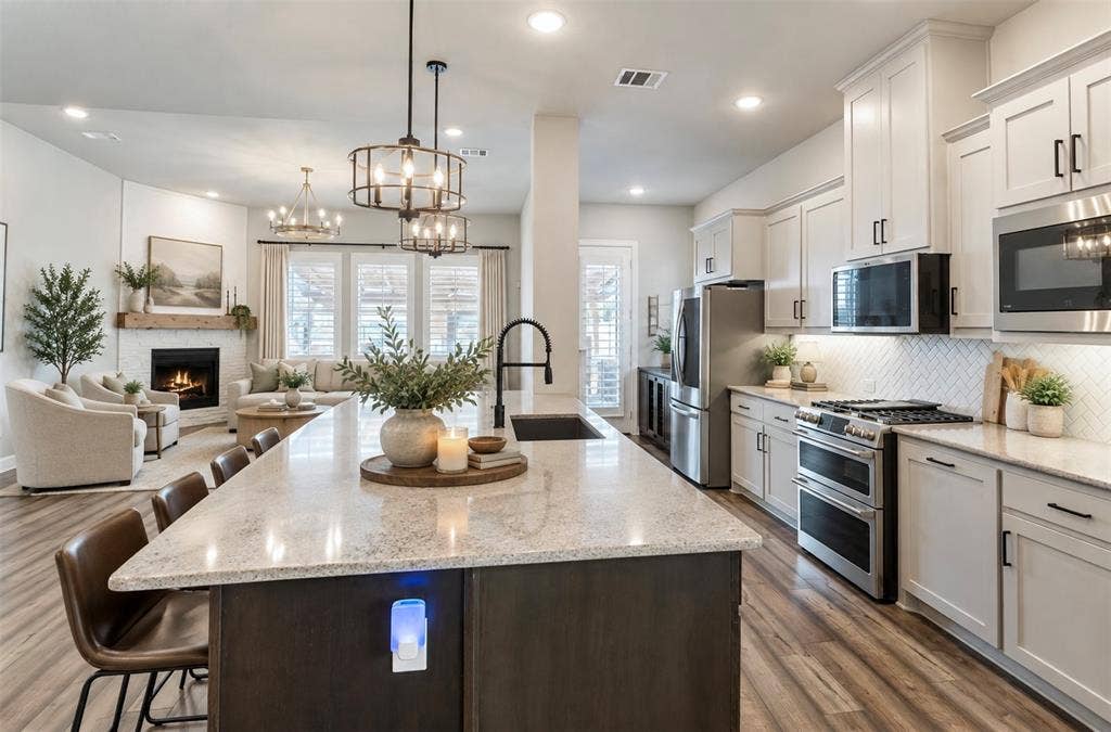 Kitchen featuring an expansive stone-topped island with an undermount sink, white shaker-style cabinetry, a herringbone-patterned tile backsplash, stainless steel appliances, and wood-finish flooring