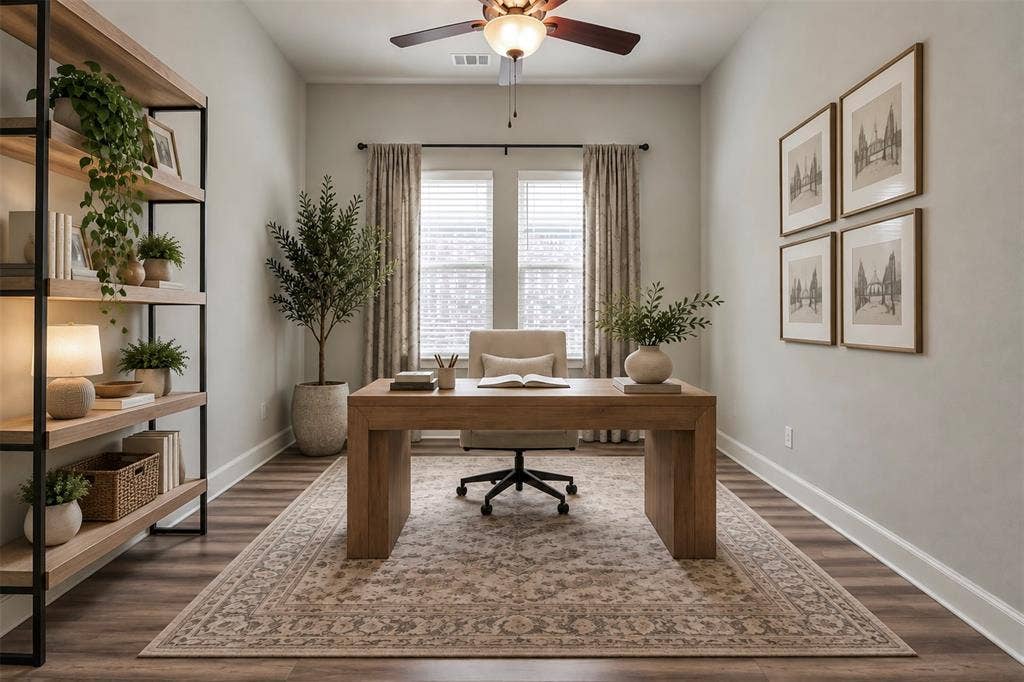 Wood-finish flooring, built-in metal and wood-finish shelving, and a ceiling fan with integrated lighting