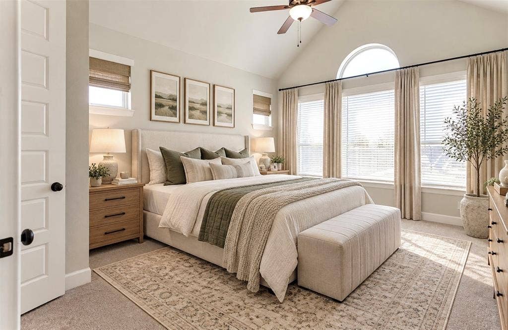 Vaulted ceiling featuring a central ceiling fan and arched window accent, neutral carpeting, and multi-pane window configuration