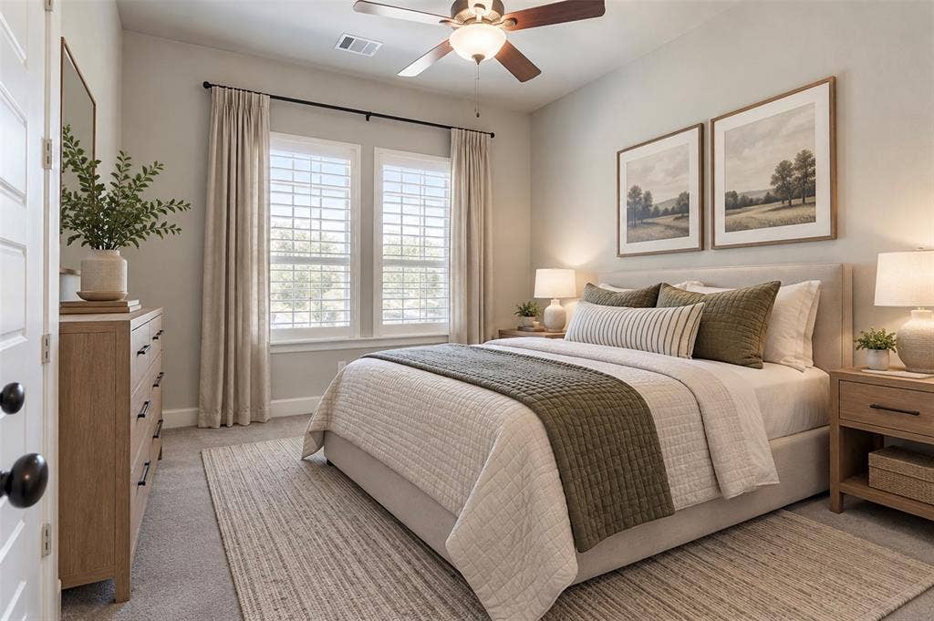 Neutral-toned interior space featuring window-mounted plantation shutters, wall-to-wall carpeting, and a central ceiling fan with integrated lighting