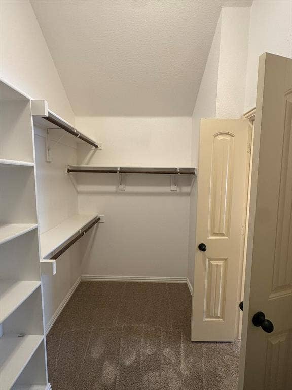 3953 Hollow Lake Road, Fort Worth, TX 76262 Walk-in closet featuring built-in white shelving, integrated hanging rods, carpeted flooring, and a six-panel door with matte black hardware