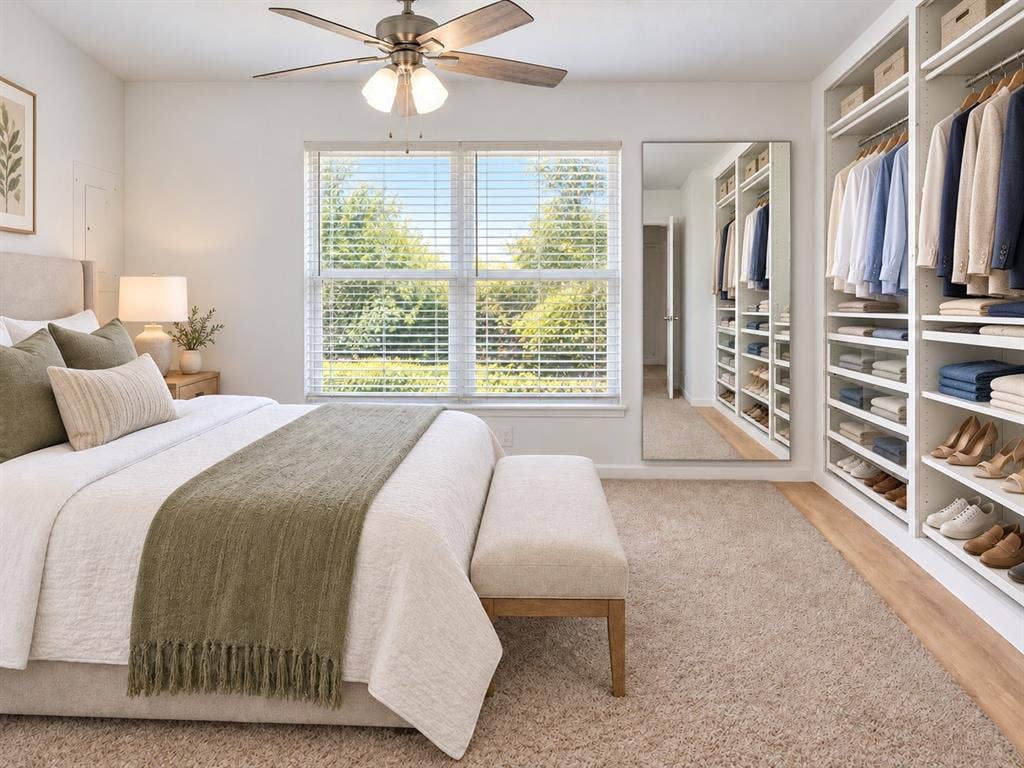 Bedroom featuring built-in floor-to-ceiling shelving, wall-to-wall carpeting, integrated ceiling fan with light fixture, and large-format wall-mounted mirror