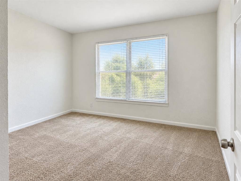 Neutral wall finishes, plush carpeting, a multi-pane window with horizontal blinds, and a solid-core interior door with brushed metal hardware