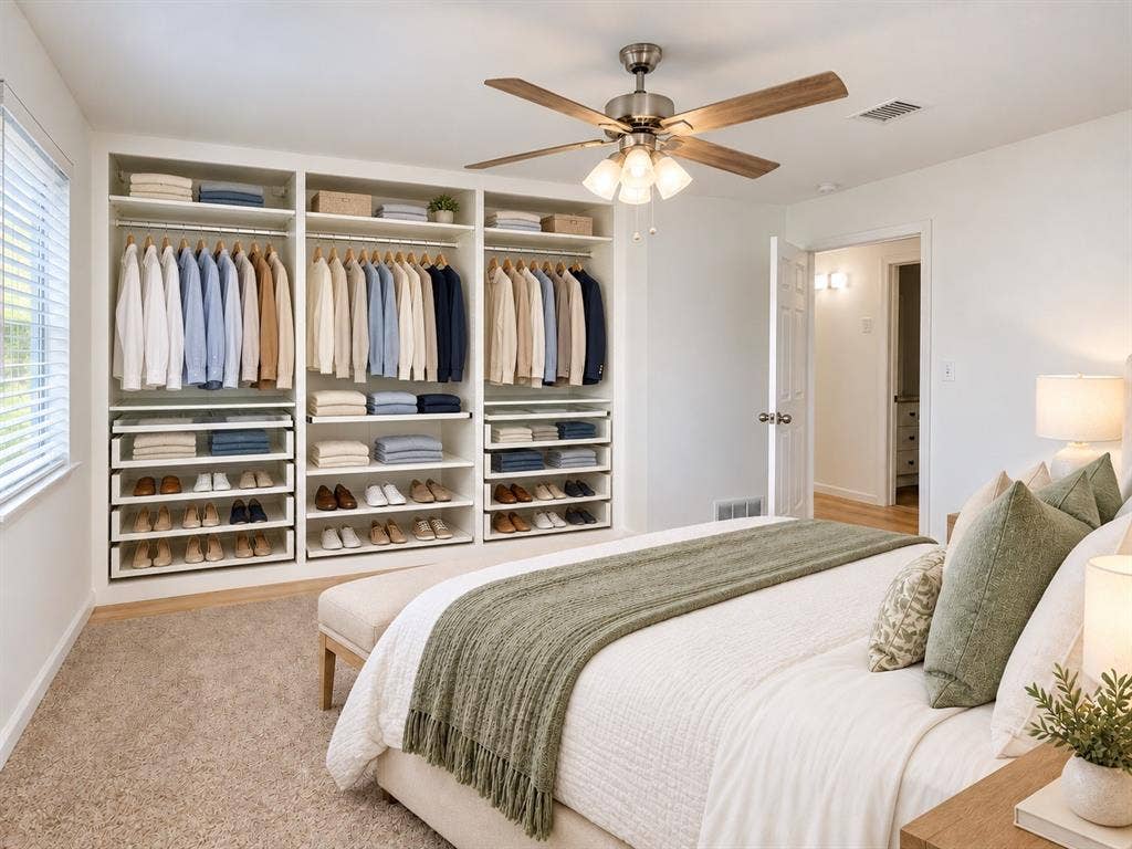 Custom floor-to-ceiling built-in closet featuring tiered shelving, integrated hanging rods, and pull-out storage drawers, complemented by a brushed-nickel ceiling fan with three-light fixture