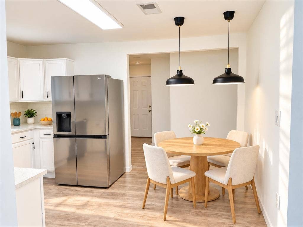 Kitchen featuring white shaker-style cabinetry, stainless steel four-door refrigerator, wood-finish flooring, and dual matte black pendant lighting