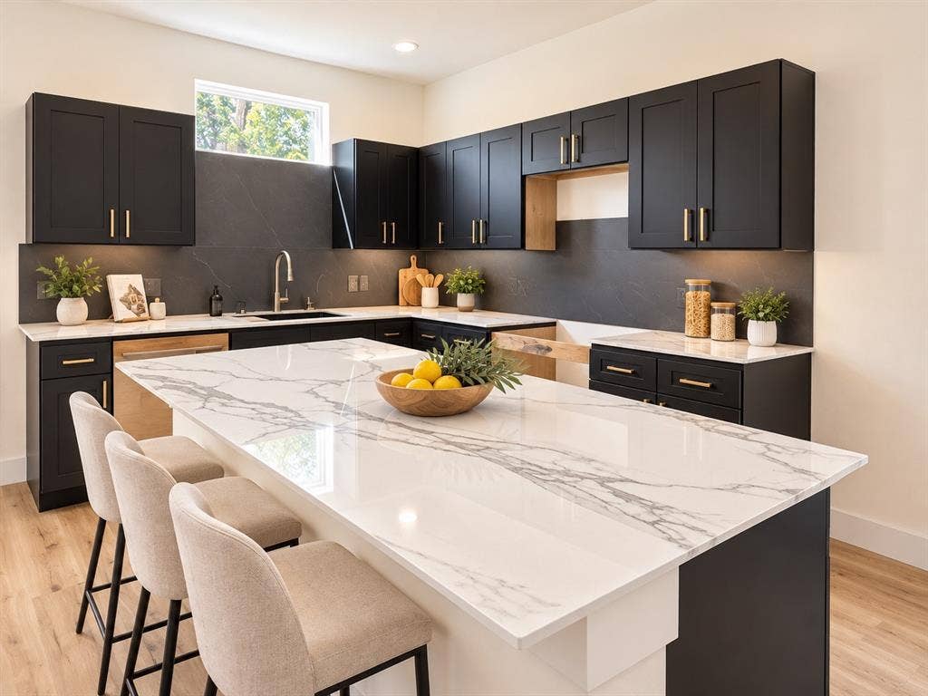 Kitchen featuring matte black cabinetry with brushed gold hardware, stone-finish countertops, full-height dark slab backsplash, large center island with waterfall edge, and wood-finish flooring