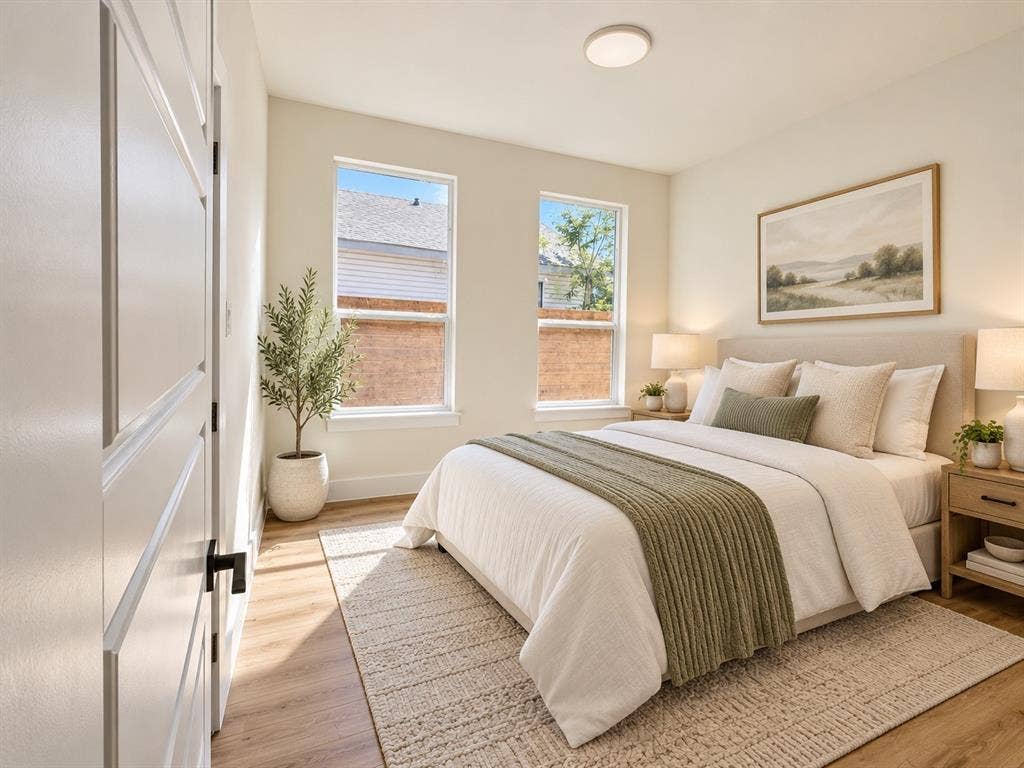 Bedroom featuring wood-finish flooring, dual windows with natural light, and a minimalist flush-mount ceiling light fixture
