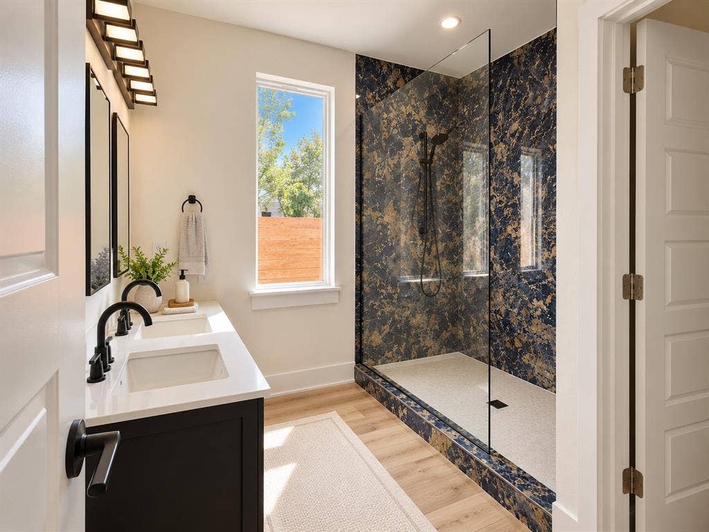 Dual-sink vanity with white countertops, dark cabinetry, matte black hardware, stone-finish shower surround, and walk-in glass-enclosed shower