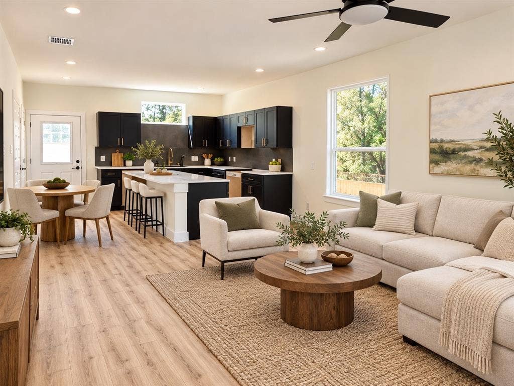 Open-concept space featuring wood-finish flooring, dark cabinetry with a contrasting countertop, recessed lighting, and a modern ceiling fan