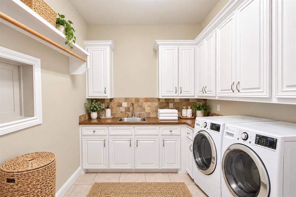 Laundry room featuring white shaker-style cabinetry, wood-finish countertops, tile backsplash, stainless steel drop-in sink, and tile flooring
