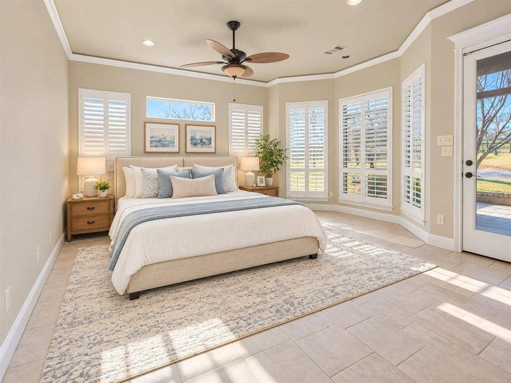 Bay window featuring plantation shutters, recessed lighting, tile flooring, crown molding, and a ceiling fan with integrated light fixture