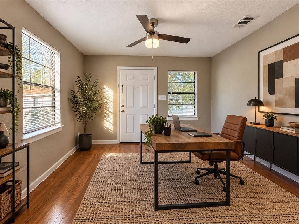 5140 Dimple Jackson Street, Dallas, TX 75210 Office (Virtually Staged)Versatile bedroom virtually staged as a stylish home office, showcasing its flexible use.