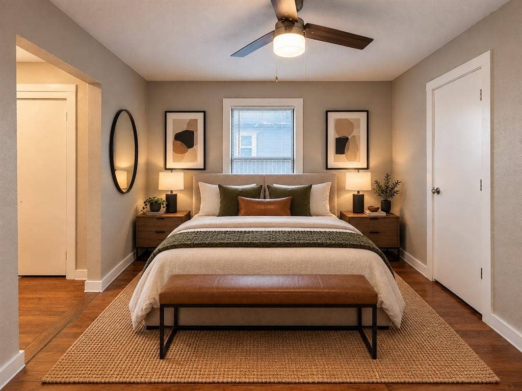 5140 Dimple Jackson Street, Dallas, TX 75210 Virtually staged primary bedroom showcasing a cozy and functional furniture arrangement.