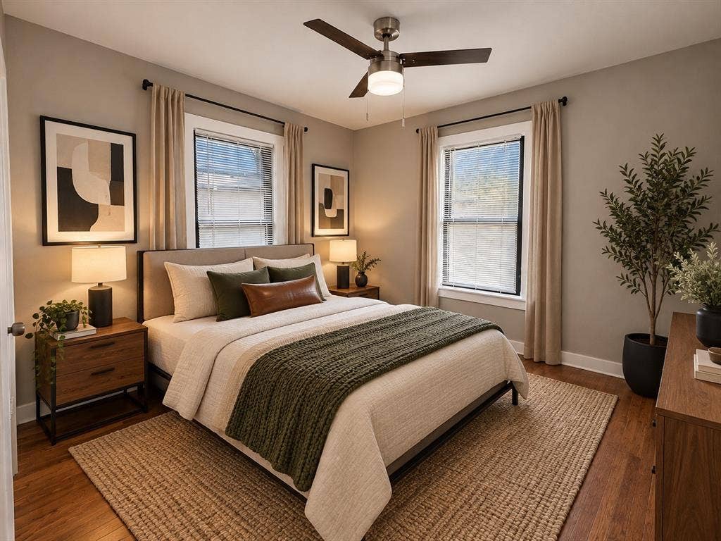 5140 Dimple Jackson Street, Dallas, TX 75210 Virtually staged bedroom demonstrating a comfortable sleeping area with modern decor.