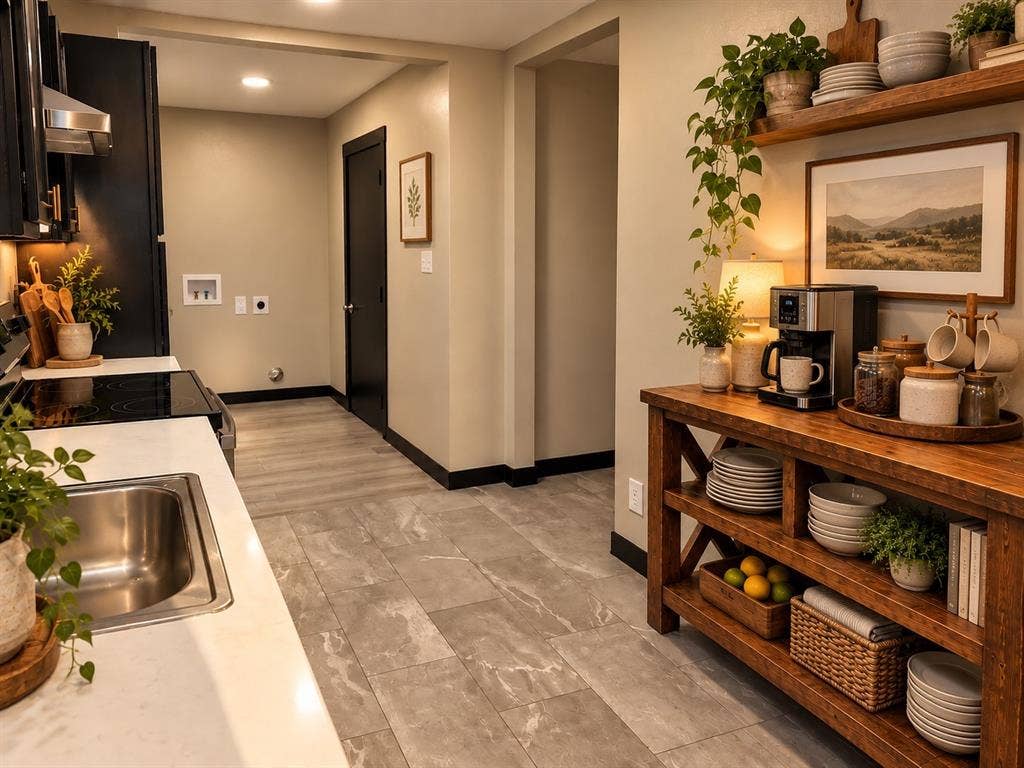 1817 N Alexander Street, Sherman, TX 75092 VIrtually Staged - Additional shelving offers convenient space for a coffee station, kitchen essentials, or extra storage.